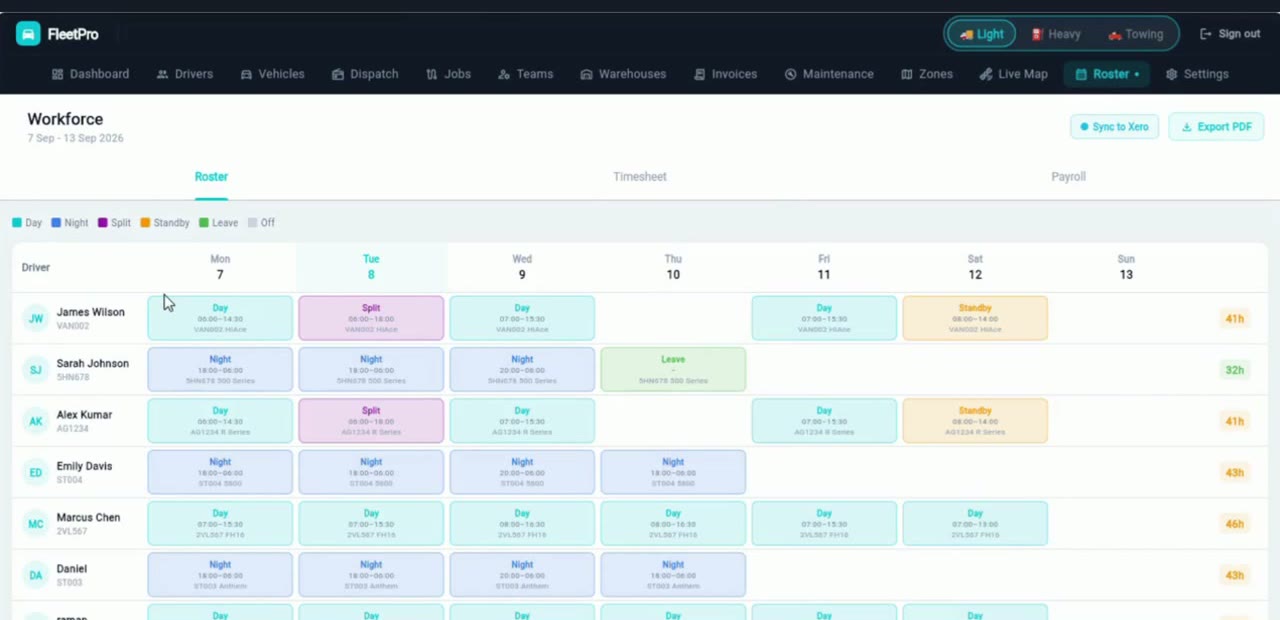 FleetPro Roster, timesheets & payroll screen