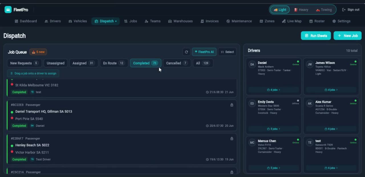 FleetPro Dispatch board screen