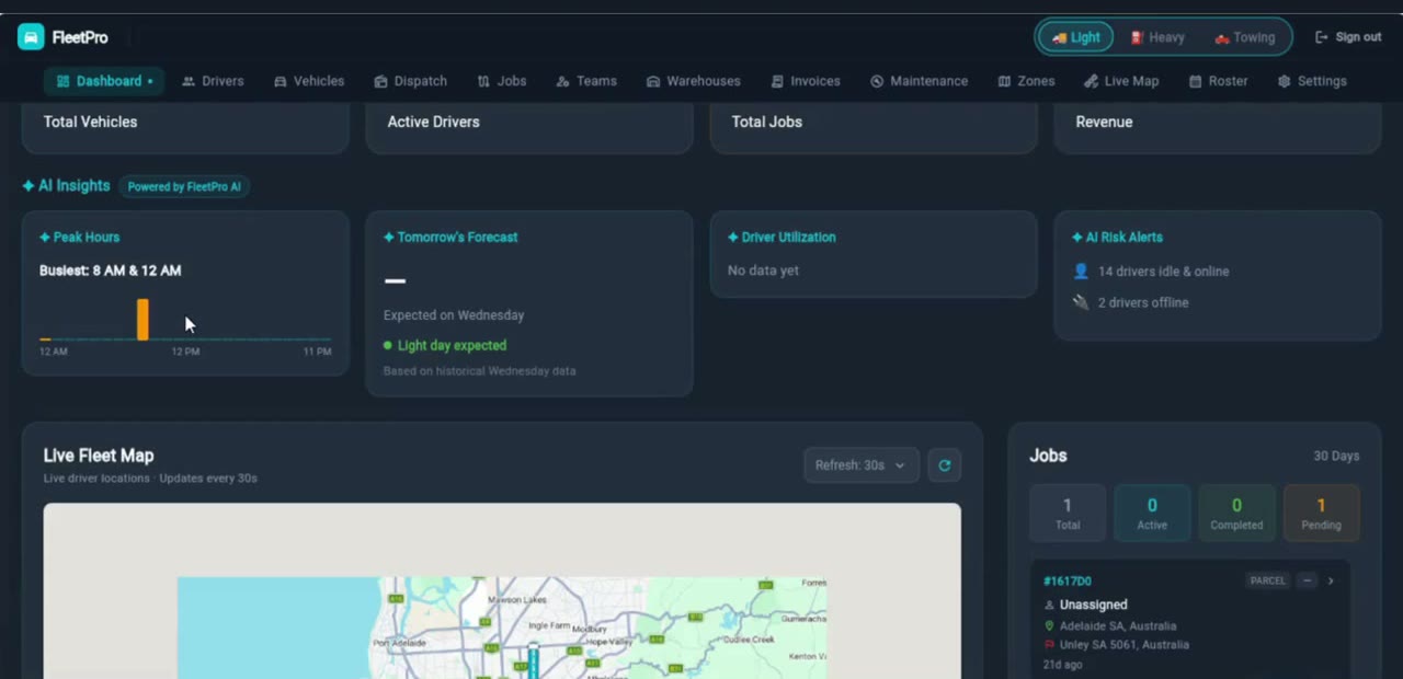 FleetPro Live fleet map & AI insights screen
