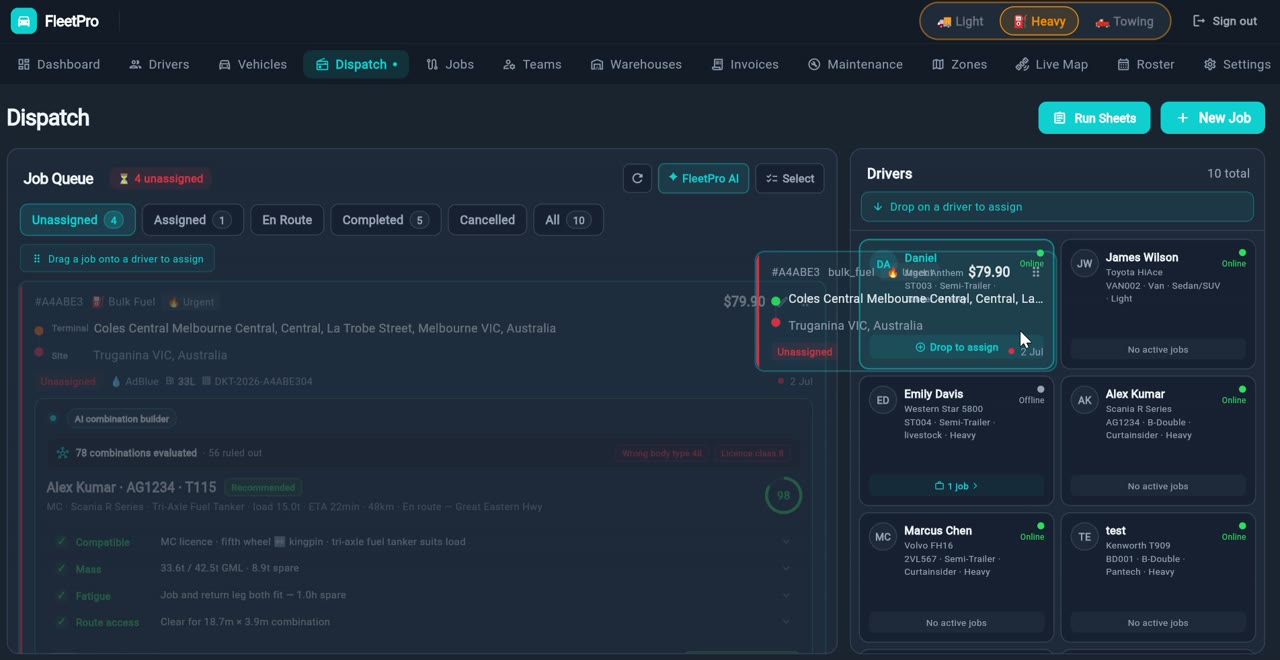 FleetPro dispatch board with AI combination builder recommending a driver and vehicle