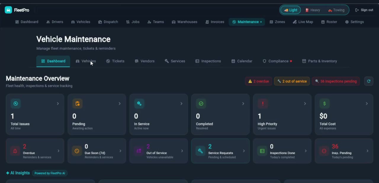 FleetPro Maintenance & compliance screen