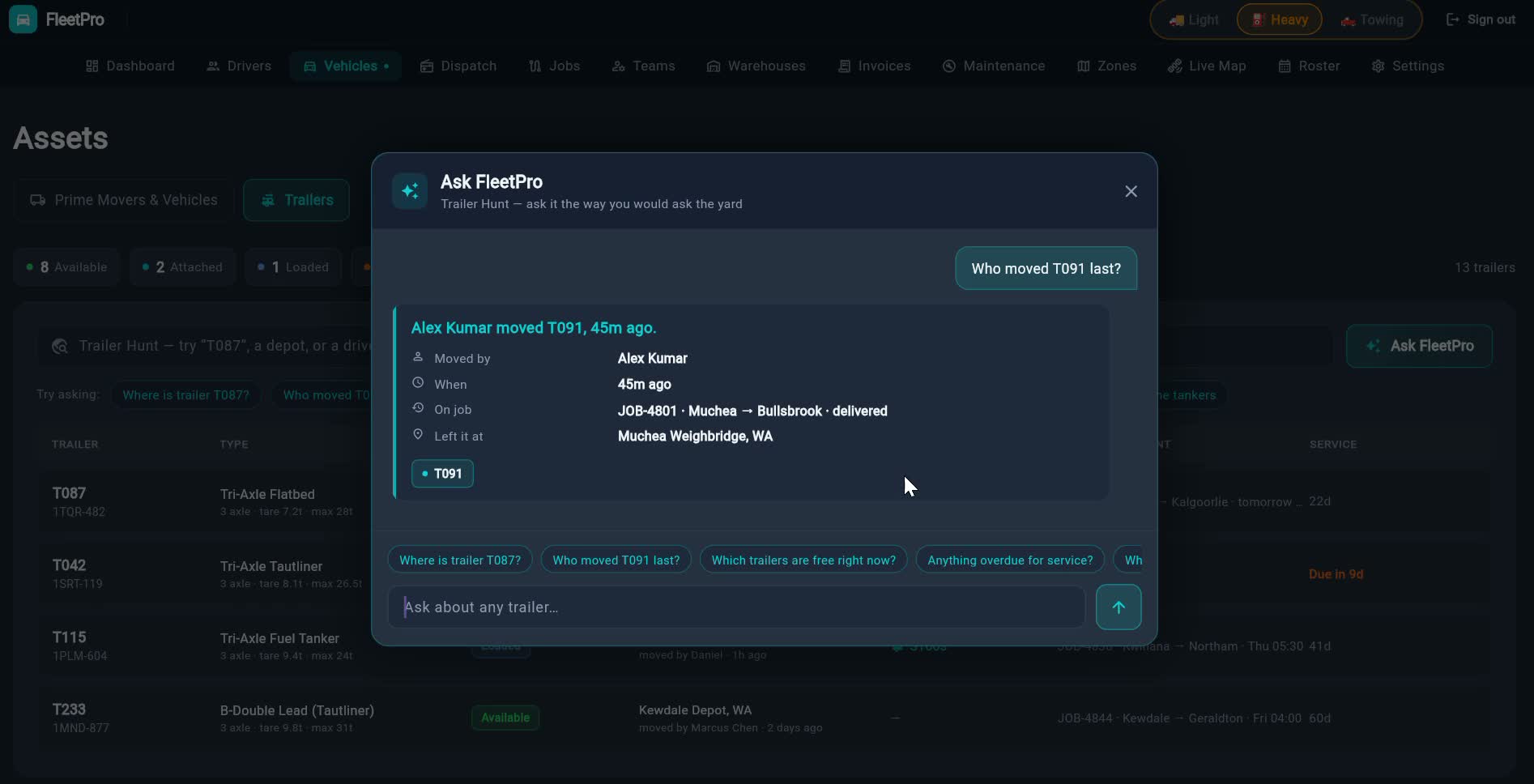 FleetPro Ask FleetPro — AI agent screen